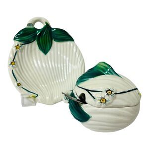 Set ITALIAN SUGAR BOWL Spoon Rest Dish LID SPOON PORCELAIN Hand Painted Floral